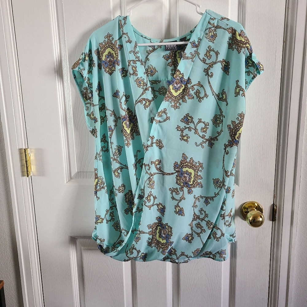 NY & Co Paisley Mint Short Sleeve Faux Wrap Top